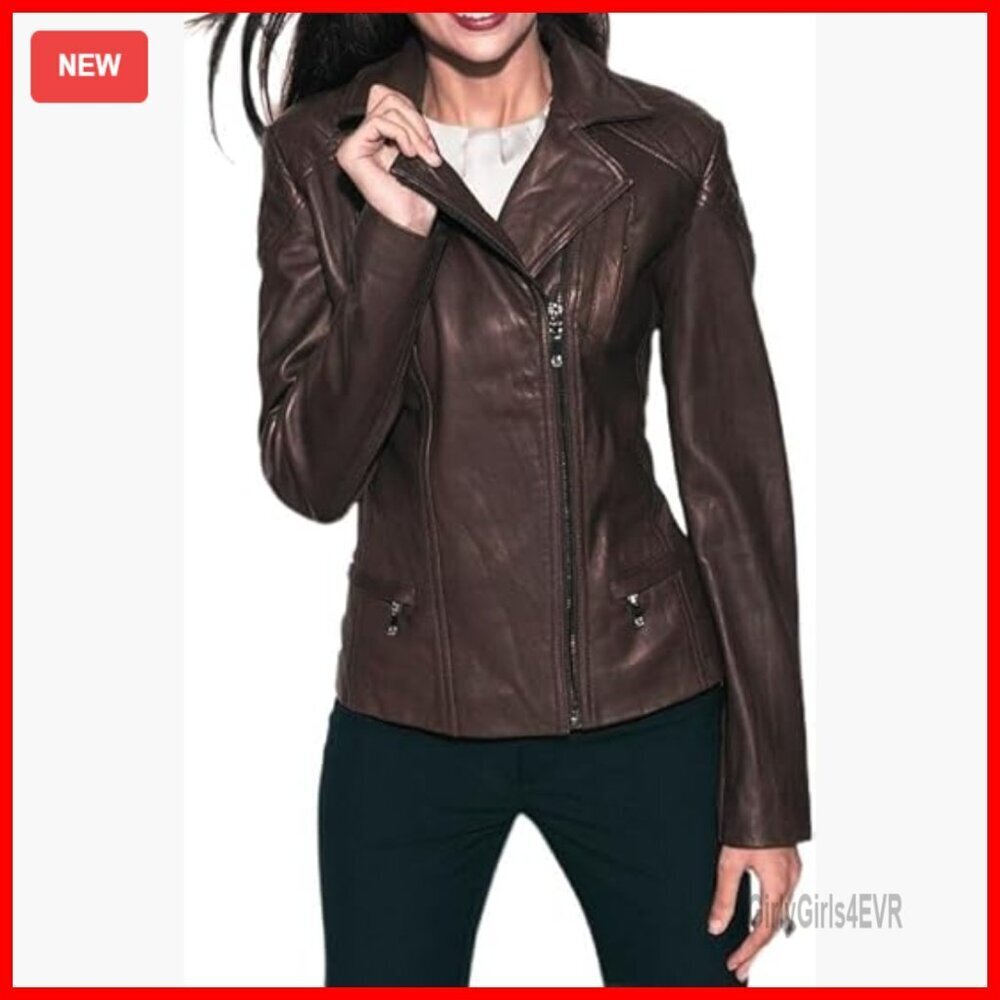 Genuine Lambskin Leather Biker Jacket, Asymmetrical Zipper, Satin Lined